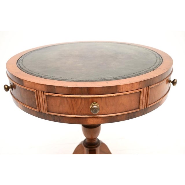 Antique Yew Wood Leather Top Drum Table, 1950s For Sale - Image 6 of 7