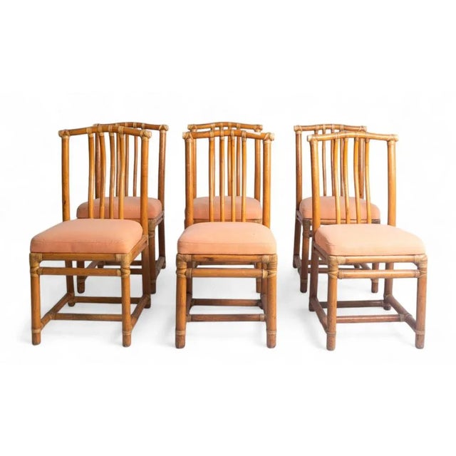 Vintage Bamboo Chairs with Peach-Colored Upholstered Seats, Set of 6 For Sale - Image 10 of 10