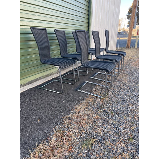 Postmodern Black Cantilevered Dining Chairs by Bacher, "Jimmy F's" - Set of 7 For Sale - Image 3 of 10
