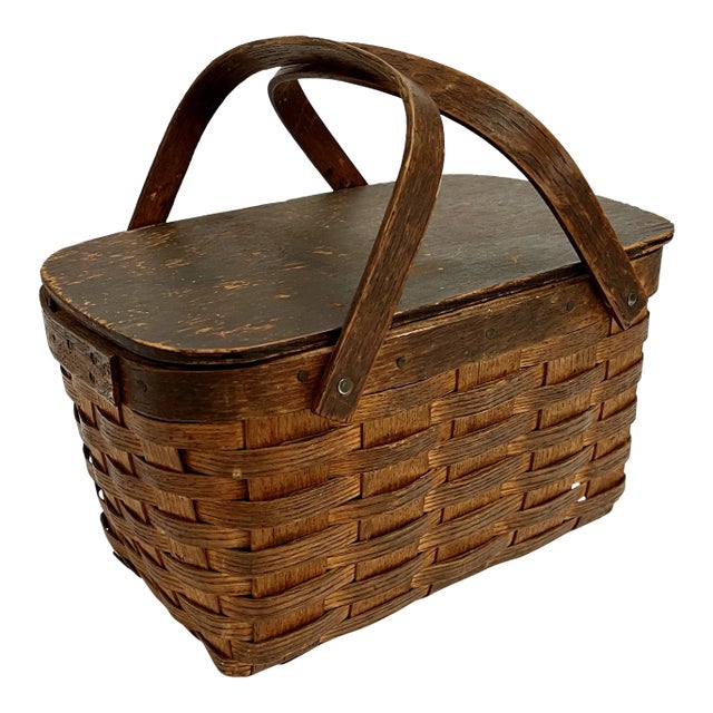 その他 vintage wood picnic basket Small Vintage Picnic Basket | Amish Woven Wooden Basket w