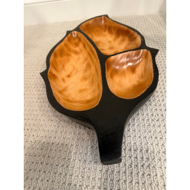 Decorative three section handmade organic shaped leaf wood bowl.