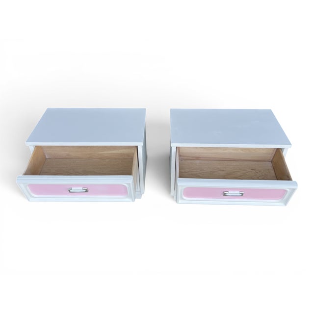 Wood Restored Mid-Century Modern White & Blush Pink Nightstands – A Pair For Sale - Image 7 of 9