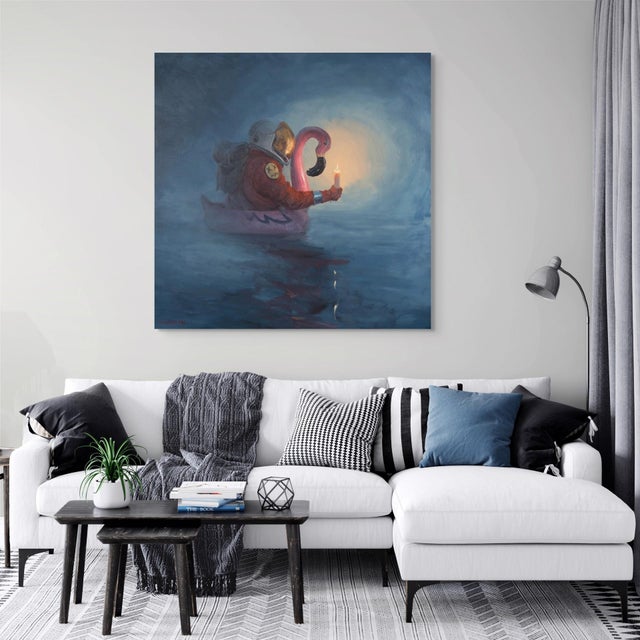 Early 21st Century Expect Darkness to Surround You One Day by Andreas Claussen | Oil on canvas Astronaut in a flamingo float holding a candle For Sale - Image 5 of 5