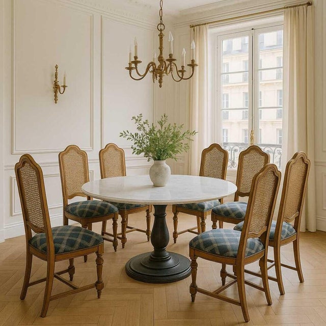 Jacobean Revival Solid Oak Dining Chairs with Cane Backs — Set of 6 A stately set of six Jacobean Revival dining chairs in...