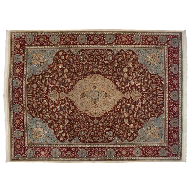 :: Center medallion with double tiered finials atop a covered field of a forest scene with birds, deer, peacocks, floral...