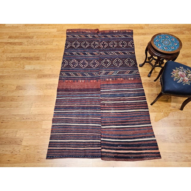 Vintage Turkish Kilim Rug, Handwoven Wool, Geometric Pattern, Indigo Blue & Rust-Red, 5x8 For Sale - Image 13 of 13