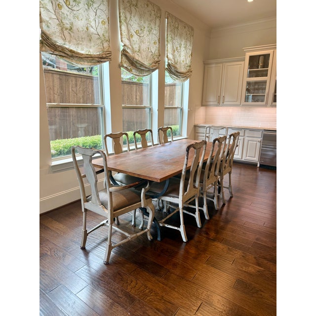 Design Group Bespoke 90” Wood & Iron Trestle Dining Table With 8 Custom Swedish Rococo Chairs by Slovack-Bass For Sale - Image 4 of 10