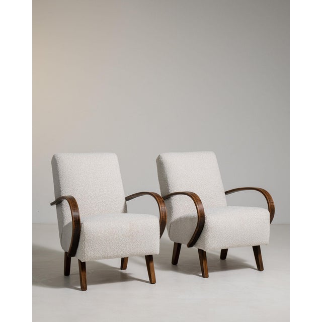 Ivory 1950-1959 Czech Republic Warm Ivory Boucle Pair Of Bentwood-Arm Lounge Chairs For Sale - Image 8 of 11