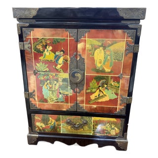 VTG Korean Hwagak Ox Horn Jewelry Box Chest Reverse Painted W/Butterfly Key For Sale