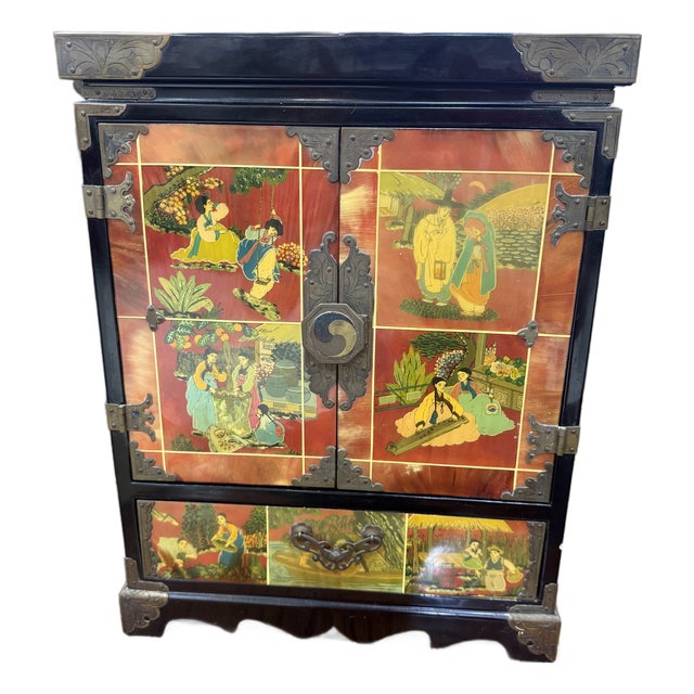 VTG Korean Hwagak Ox Horn Jewelry Box Chest Reverse Painted W/Butterfly Key For Sale