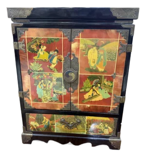 VTG Korean Hwagak Ox Horn Jewelry Box Chest Reverse Painted W/Butterfly Key