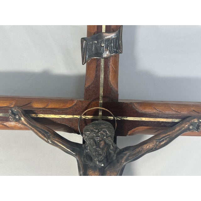Art Deco Large Vintage Crucifix: Bronzed Jesus, Carved Wood Cross For Sale - Image 3 of 10