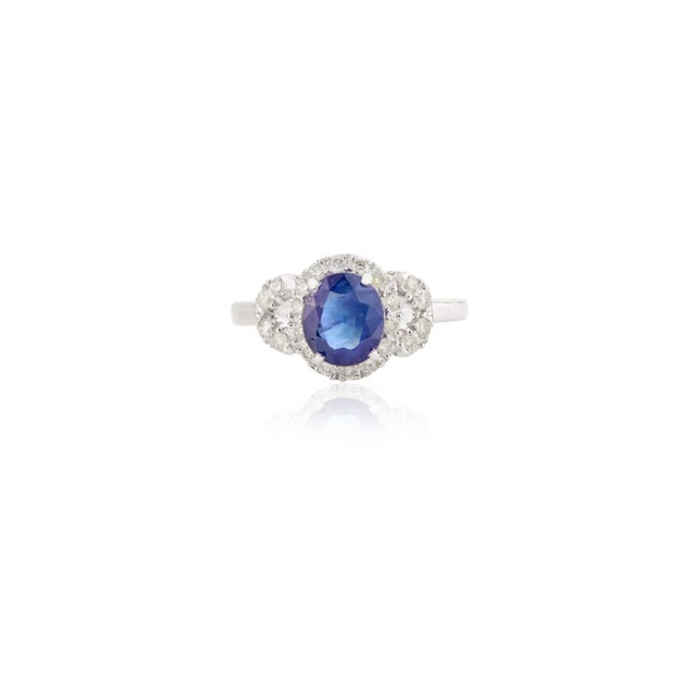 Metal Handcrafted 14k White Gold 1.51ct Blue Sapphire Diamond Cluster Engagement Ring Size 7 For Sale - Image 7 of 12
