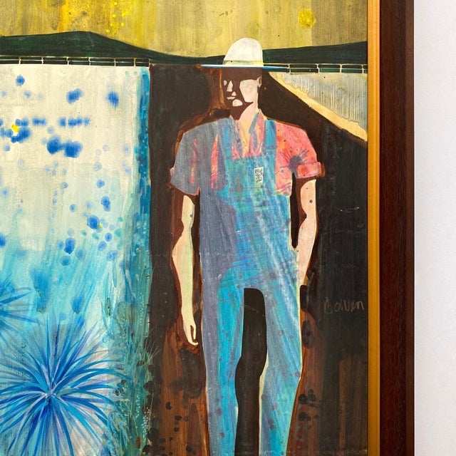 Paul Bowen Vintage 1990's Provincetown Modernist " Untitled Blue Trees " Original Signed Framed Mixed Media Painting For Sale - Image 15 of 18