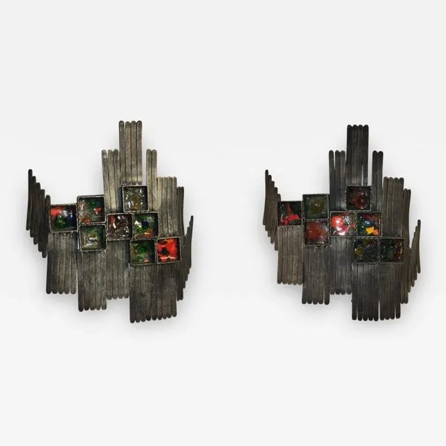Pair of Mid Century Italian Brutalist Blackened Iron & Geometric Multi Colored Murano Glass Sconces For Sale - Image 9 of 9