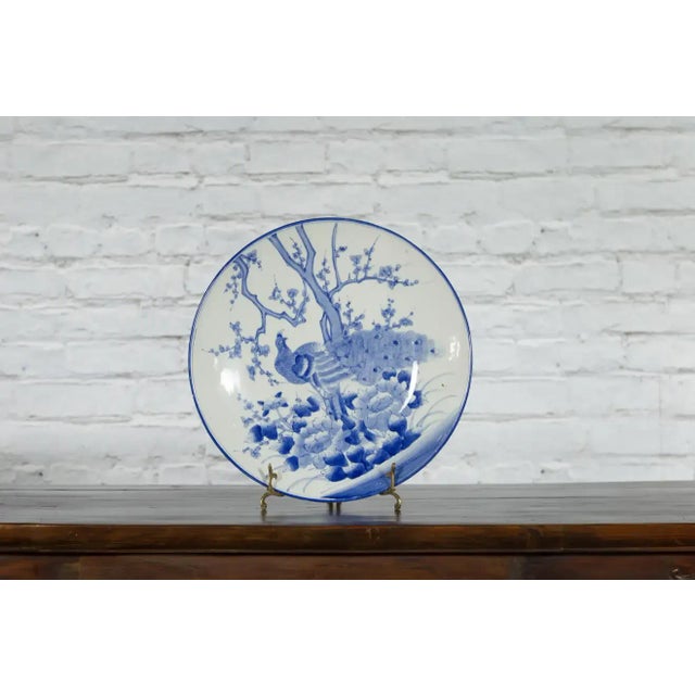 Ceramic Japanese Blue and White Hand-Painted Porcelain Charger Plate with Peacock Bird For Sale - Image 7 of 13