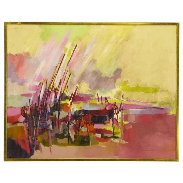Oil on canvas abstract painting entitled "Everglades", unsigned. Very colorful with much movement in predominantly...