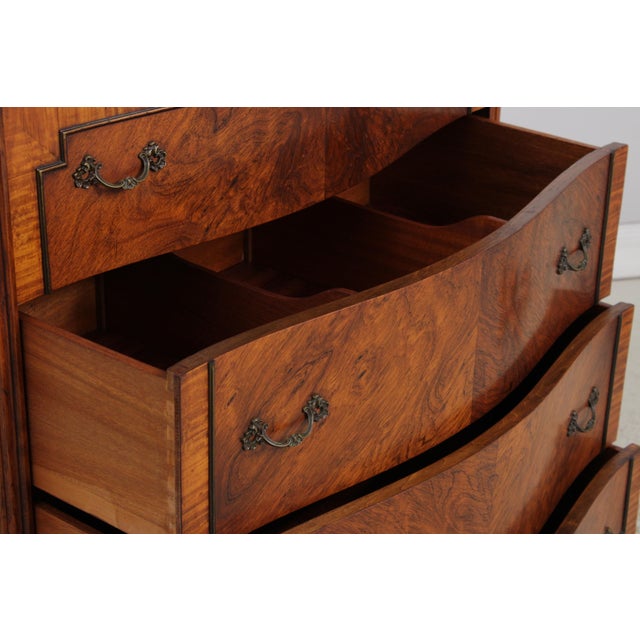 Brown Vintage French Style Bow Front 5 Drawer Inlaid Walnut Chest For Sale - Image 8 of 18
