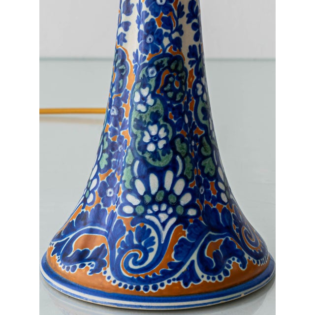 Antique Art Deco Gouda Pottery Table Lamp with New Ochre Linen Shade, 1920s For Sale - Image 4 of 18
