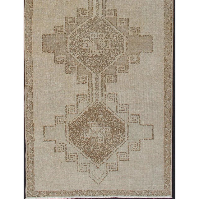 Turkish Vintage Hand Knotted Turkish Oushak Runner With Geometric Design in Ivory, L.Brown and Taupe For Sale - Image 3 of 13