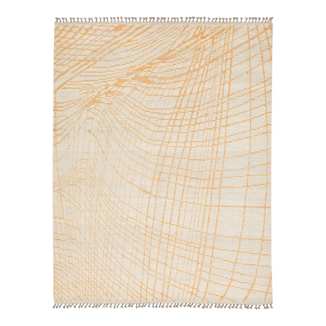 Handmade Modern Moroccan Style Beige and Orange Wool Rug With Abstract Design For Sale