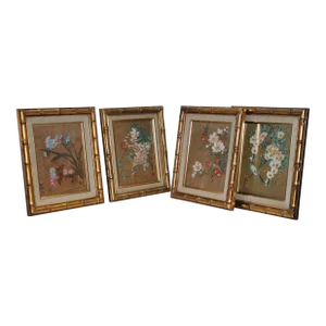 1940's Hollywood Regency Hand Painted Floral Paintings Set of 4