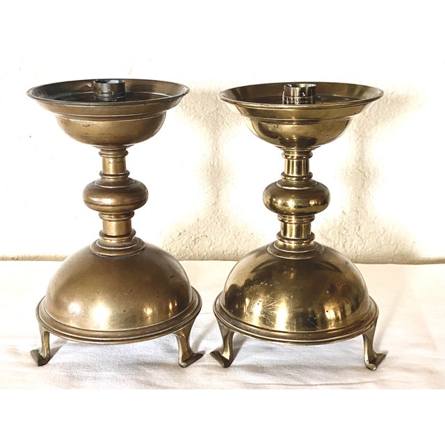 Gothic Antique Pair of Gothic Stule Ecclesiastical Brass Candlesticks For Sale - Image 3 of 7