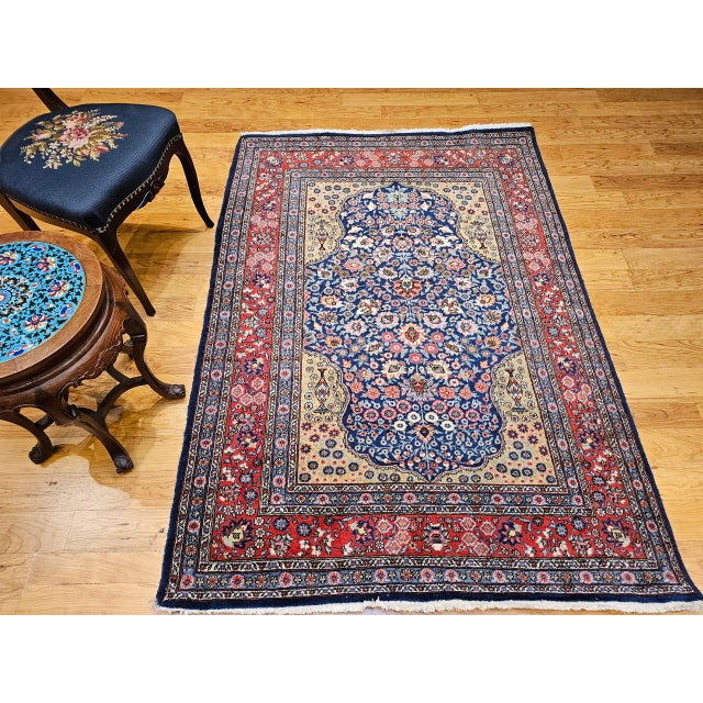 Vintage Persian Tabriz Area Rug, Hand-Knotted Wool, Floral Pattern, Navy & Red, 4x6 For Sale In Chicago - Image 6 of 15