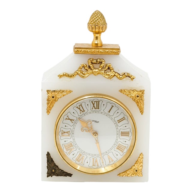 Elegant Swiss Imhof Onyx & Gilt Bronze Carriage Desk Clock – 15 Jewels, Vintage Mantelpiece Timepiece For Sale