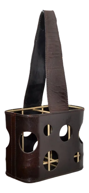 Jacques Adnet French Leather & Brass Three Bottle Holder Wine Caddy