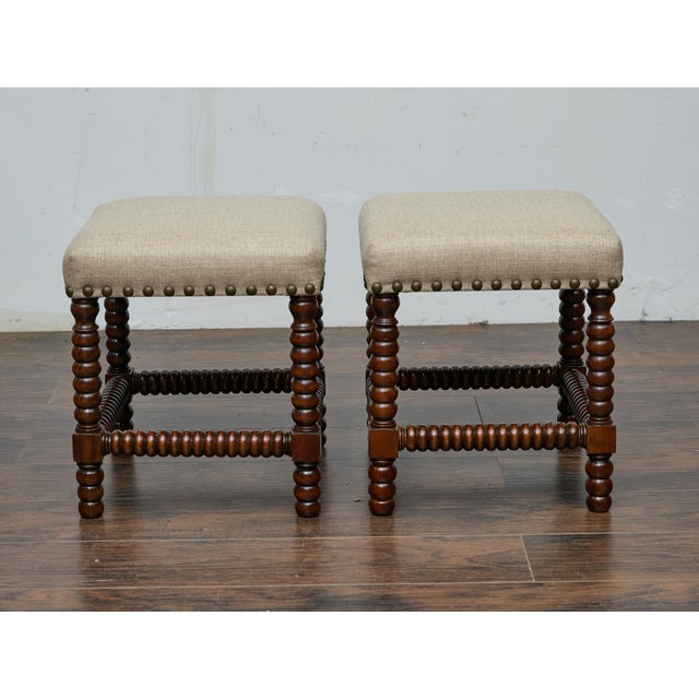 Pair of English 19th Century Hardwood Bobbin Stools with Linen Upholstery For Sale - Image 4 of 11