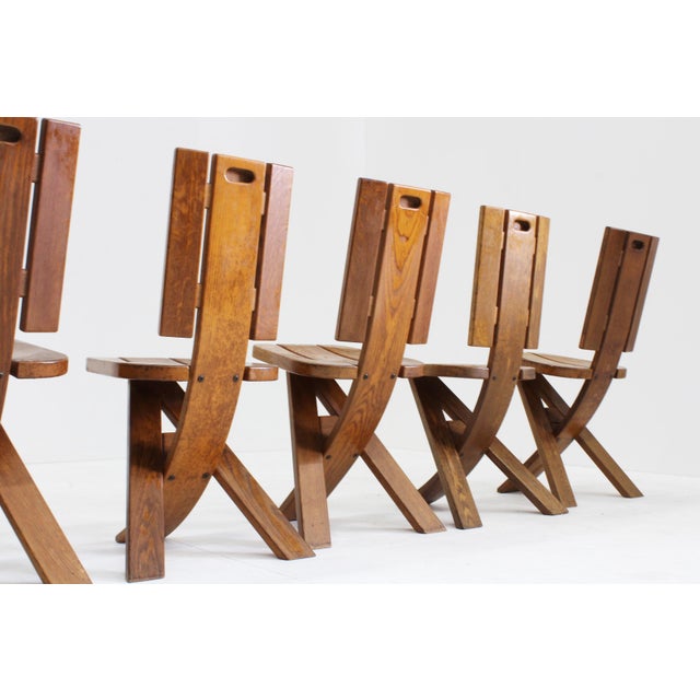 Vintage Brutalist Sculptural Dining Chairs in Oak from Ebénisterie Seltz, France, 1970s, Set of 6 For Sale - Image 6 of 11