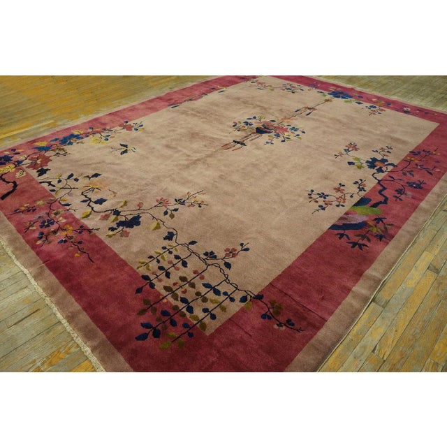 Art Deco 1920s Tan Ecru Flowers Spray Modern Antique Chinese Art Deco Carpet 8' 11'' X 11' 7" Woven Wool Rug For Sale - Image 3 of 9