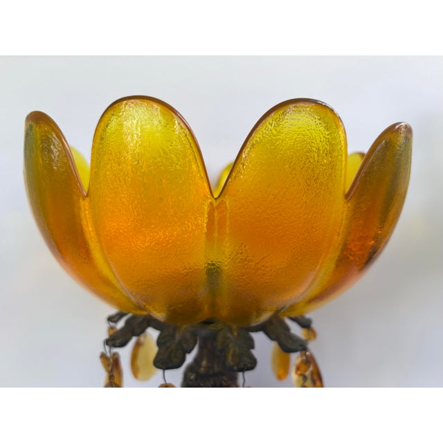 Vintage Hollywood Regency Amber Glass Floral Centerpiece Bowl With Crystal Prisms & Marble Base For Sale - Image 12 of 12