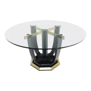 Large Round Glass Top Figural Black Lacquer Bent Wood Brass Base Dining Table