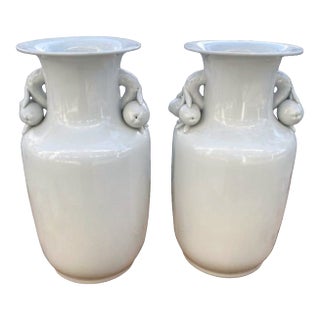 Asian Antique Blanc De Chine Porcelain Vases With Pomegranate Fruit Handles- A Pair For Sale