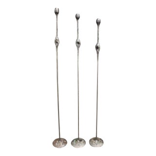 Mid Century Modern Brutalist Staggered Metal Floor Candle Holders, Set of 3 For Sale