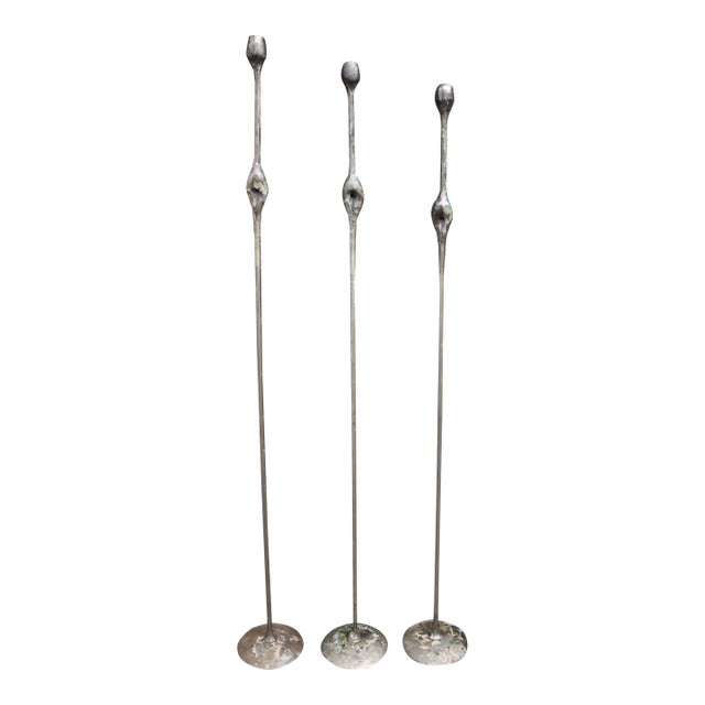 Mid Century Modern Brutalist Staggered Metal Floor Candle Holders, Set of 3 For Sale