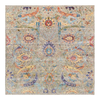 2010s Tan, Hand Knotted, Sickle Leaf Design, Silk With Textured Wool, Oriental, Square Rug For Sale