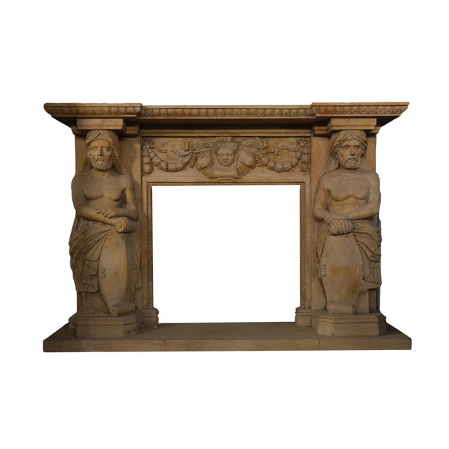 Antique Fireplace in Travertine Marble with Atlases, 1930s For Sale - Image 4 of 5