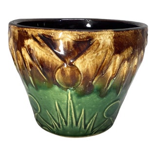 Vintage Green & Brown Drip Glazed Planter For Sale