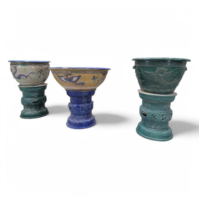 Modern Antique Green Glazed Planter Pot Vase From Guangdong Province With Stand For Sale - Image 3 of 5