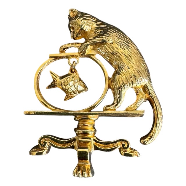 Vintage Cat & Gold Fish Bowl Brooch Gold Tone Pin Kitty Kitten Avon For Sale
