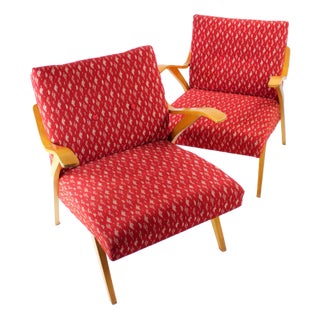 Mid-Century Czechoslovakian Armchair in Original Red Fabric and Blonde Wood, 1960s For Sale