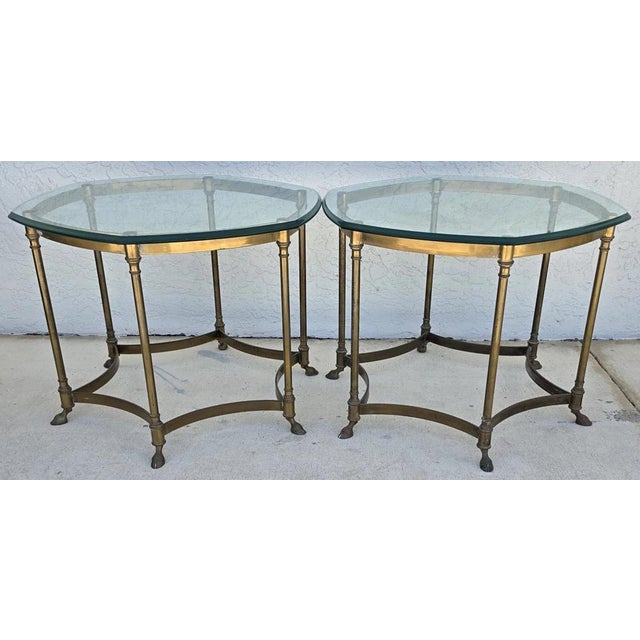 Hollywood Regency Vintage Labarge Side Tables Brass Glass Hoof Footed Octagonal Pair For Sale - Image 3 of 12