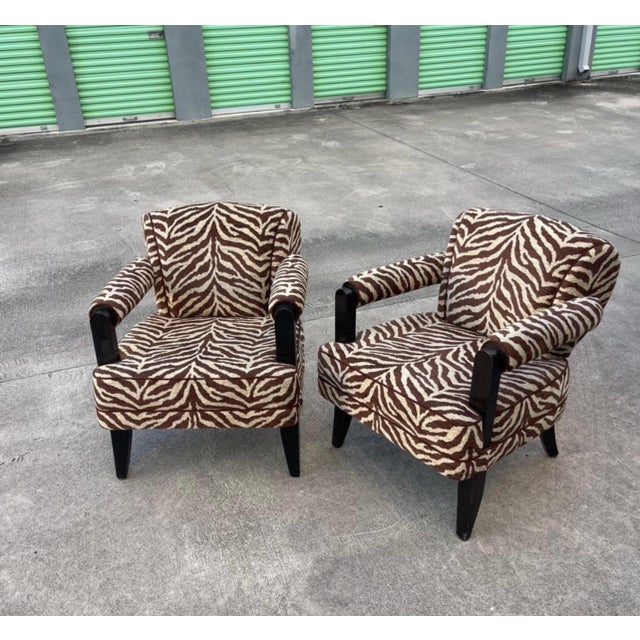 Late 20th Century Larry Laslo for Directional Zebra Pattern Wood Frame Lounge Club Chairs, a Pair For Sale - Image 5 of 12