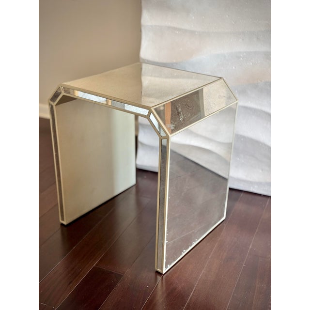 Mid-Century Modern Art Deco Modern Style Mirrored Nicola Side Table by Made Goods With Hand-Laid Distressed Antiqued Mirror Panels and Gold Edging For Sale - Image 3 of 12