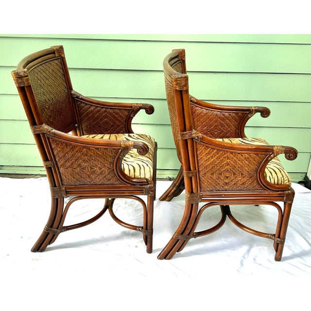 Traditional 1990s Vintage Bamboo Rattan & Wicker Upholstered Arm Chairs - A Pair For Sale - Image 3 of 12