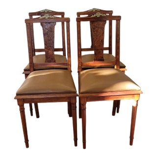 Antique French Empire Napoleonic 4 Dining Chairs Inlaid Wood and Ormolu For Sale