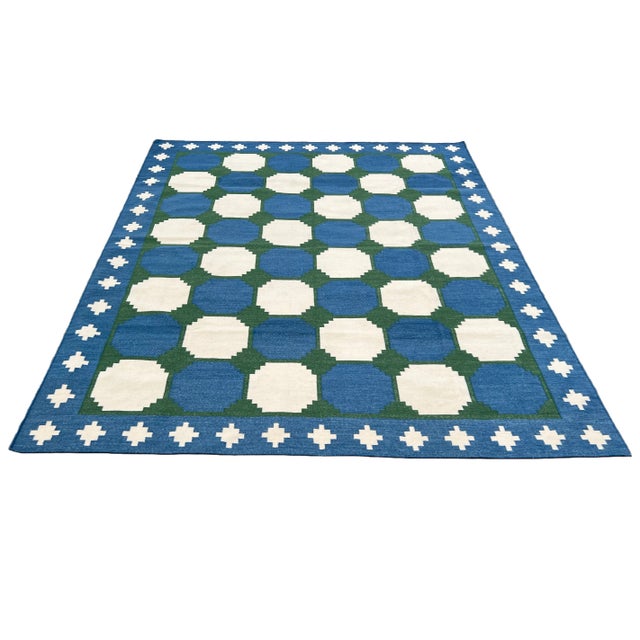 Handmade Woolen Flat Weave Tile Patterned Sky Blue and Forest Green Area Rug - 12'x15' For Sale - Image 9 of 10
